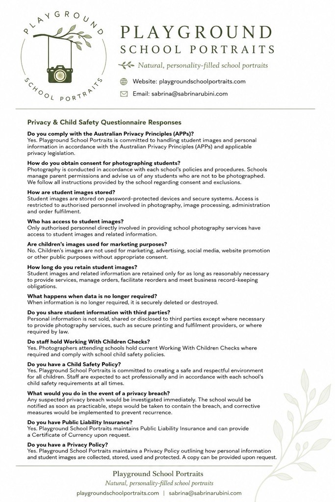 Playground School Portraits Privacy and Child Safety Questionnaire Responses
